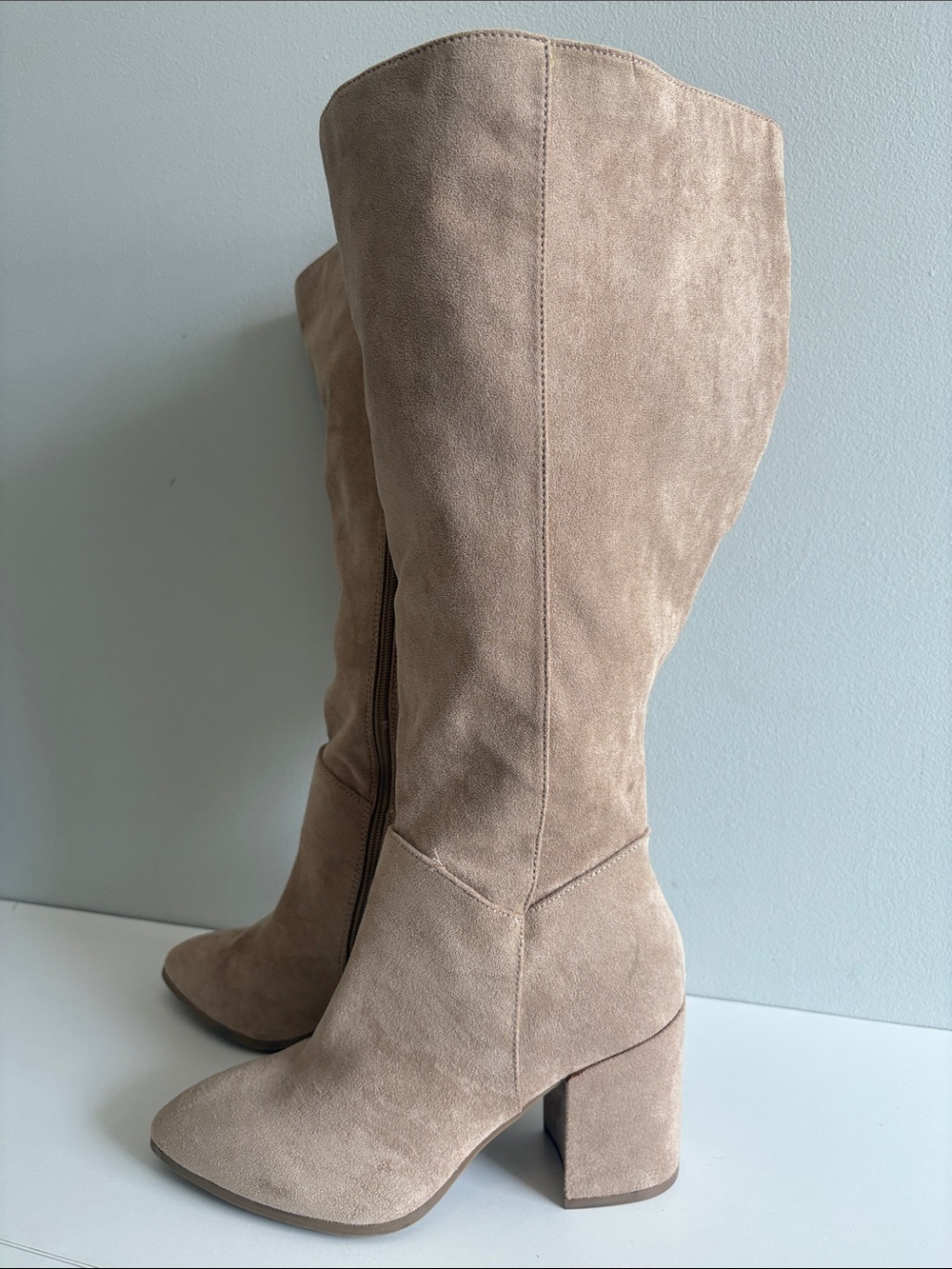 Torrid Taupe Faux Suede Knee High Block Heel Boots 8WW Extra Wide Wide Calf
